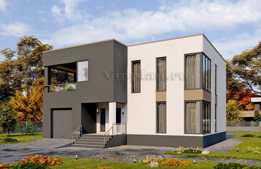 Двухэтажный дом с гаражом и террасами.